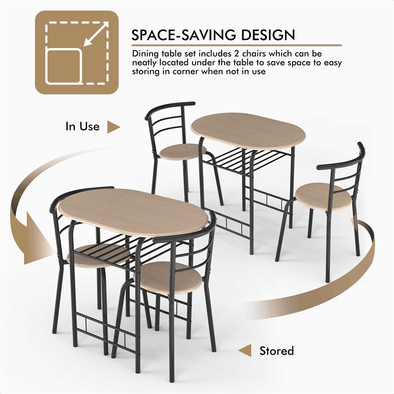 3-Piece Space-Saver Bistro Set Dining Table Chair Set with Shelf Storage