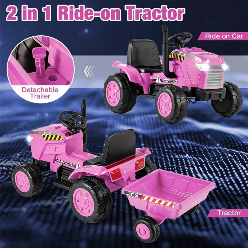 2-in-1 Kids Ride On Tractor with Detachable Trailer, 12V Electric Toy Car with Remote Control & LED Lights, Toddler Tractor for 3-8 Years