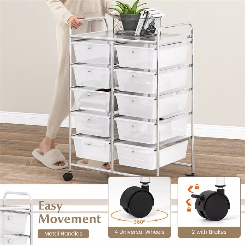 10 Drawer Rolling Cart, Storage Cart Organizer with Wheels, Mobile Utility Cart for Classroom, Office, Home, Craft, Art, Paper, Salon