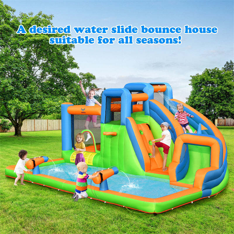 Inflatable Water Slide Park, 7-in-1 Mega Bounce House Water Slide Combo with 735W Blower, Splash Pool, Climbing Walls for Kids, Backyard Family Fun
