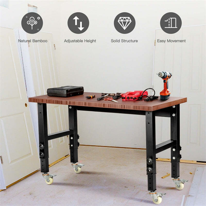 48" Heavy-Duty Mobile Workbench, Height Adjustable Work Table with Power Outlet, Removable Wheels, Bamboo Top for Garage Workshop, 2000 Lbs