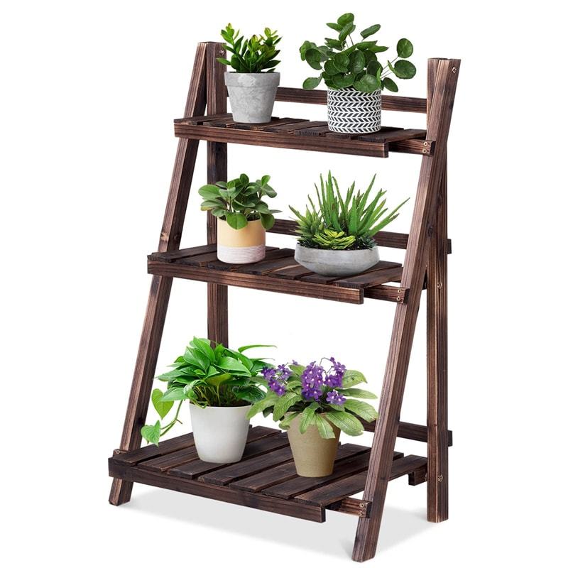 3 Tier Folding Wood Plant Stand Flower Pot Holder Display Rack Foldable Rustic Ladder Shelf for Home Patio Balcony Garden