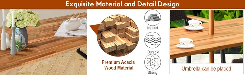 7 Piece Outdoor Patio Dining Table Set with 6 Acacia Wood Armchairs & Umbrella Hole