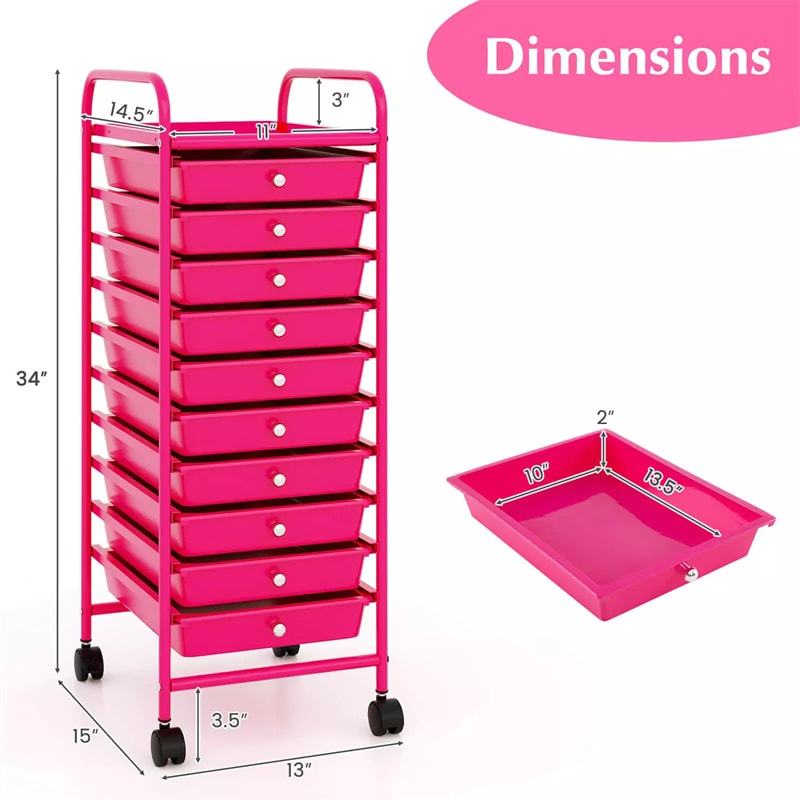 10-Drawer Rolling Storage Cart, Utility Cart with Drawers & Lockable Wheels, Mobile Art Craft Drawer Cart for Home Office, School