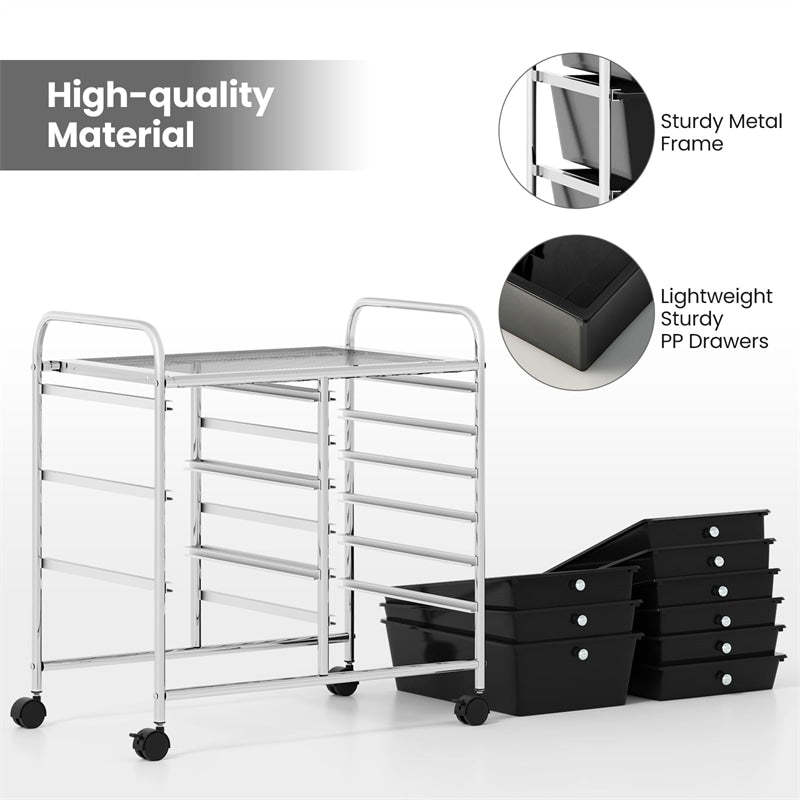9-Drawer Rolling Storage Cart, Mobile Art & Craft Supply Organizer on Wheels, Metal Frame, Drawer Utility Cart for Classroom Office Home Salon