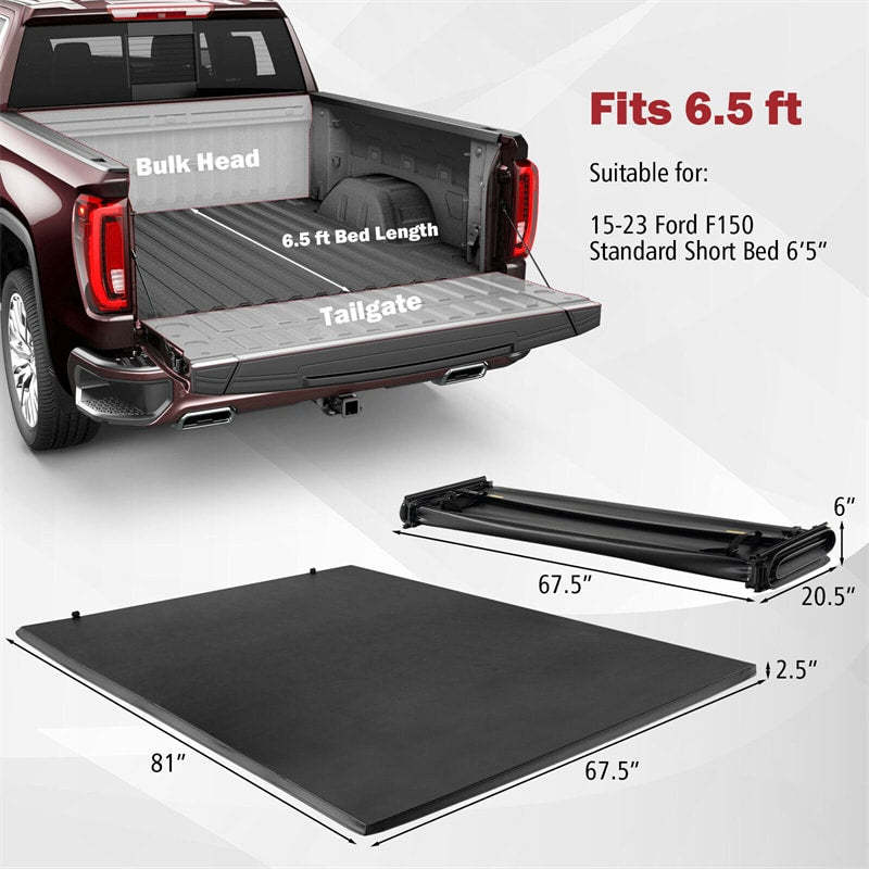 6.5FT Soft Quad-Fold Tonneau Cover Weatherproof Truck Bed Cover for 15-23 Ford F150 Standard Short Bed