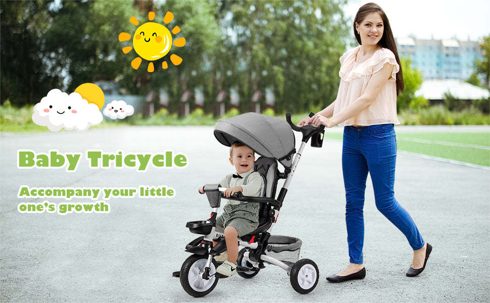 7 in 1 Folding Kids Tricycle Toddler Bike Stroller with Adjustable Canopy Removable Push Handle Rotatable Seat