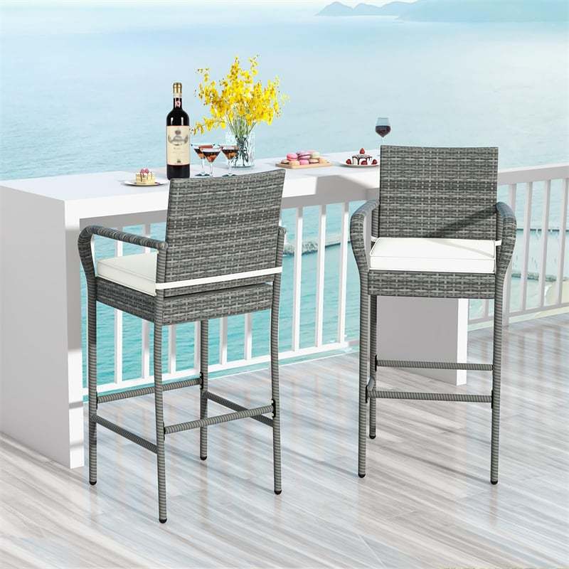 Patio Wicker Bar Stools Set of 2 Heavy Duty Frame Outdoor PE Rattan Bar Chairs 29.5" High Back Barstools with Armrests & Soft Cushions