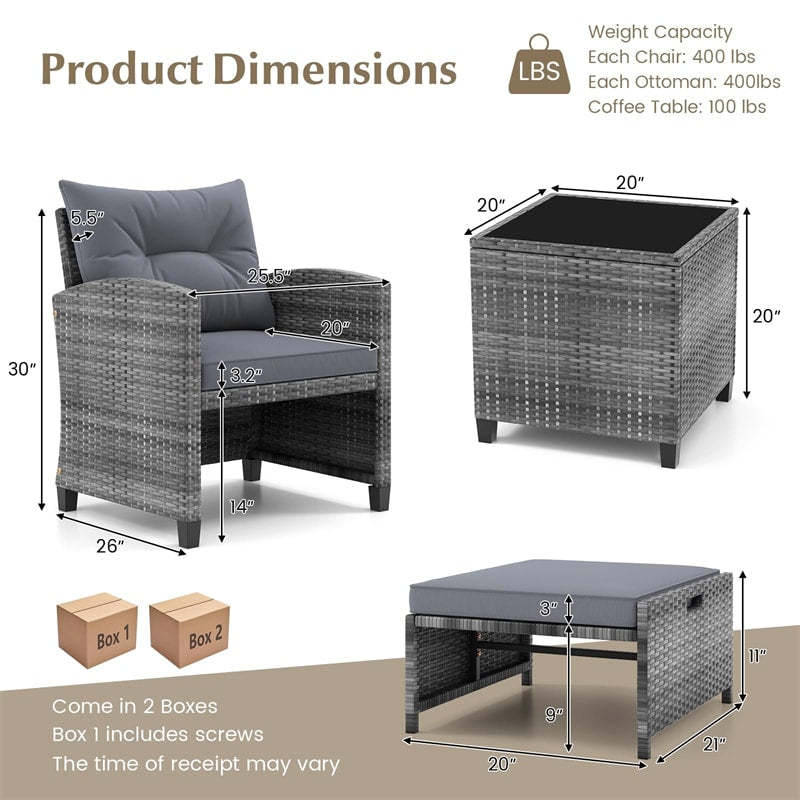 5-Piece Patio Rattan Furniture Set, Wicker Cushioned Chairs with 2 Ottomans & Tempered Glass Coffee Table for Backyard, Lawn, Poolside, Deck