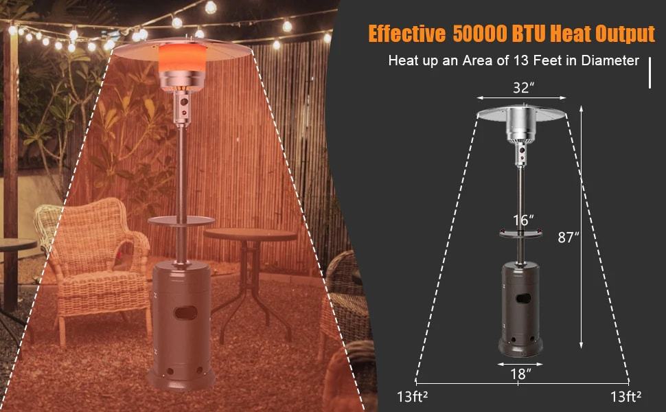 50000 BTU Propane Patio Heater Standing Outdoor Heater with Shelf Tabletop & Wheels