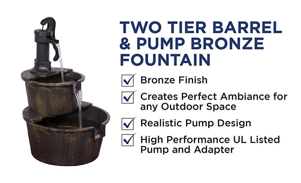 2 Tier Outdoor Rustic Pump Barrel Waterfall Fountain for Garden