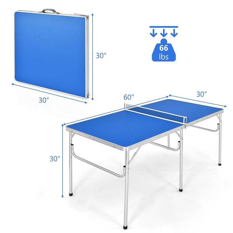 60" Portable Table Tennis Table, Folding Ping Pong Table with Net, 2 Paddles & 4 Balls, Multipurpose Freestanding Table for Indoor Outdoor Use