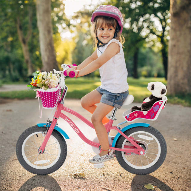 14 Inch Kids Bike, Children Bicycle with Removable Training Wheels, Basket, Adjustable Seat, Steel Frame for Boys & Girls Aged 3-9