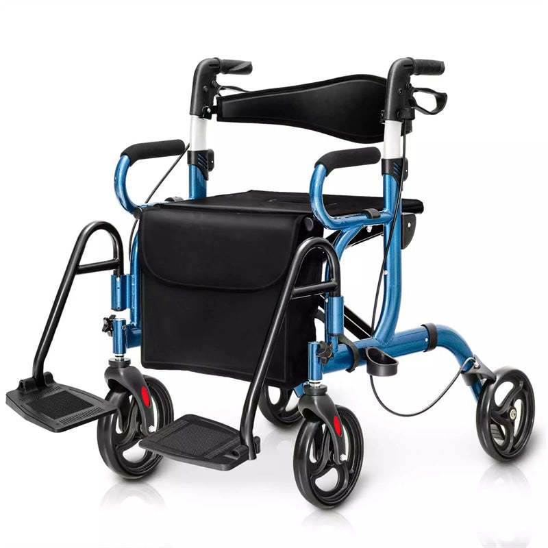 2-in-1 Rollator Walker for Seniors, Folding Medical Walker Transport Chair with Seat, 8" Wheels, 350lbs Capacity, Aluminum Mobility Walking Aid