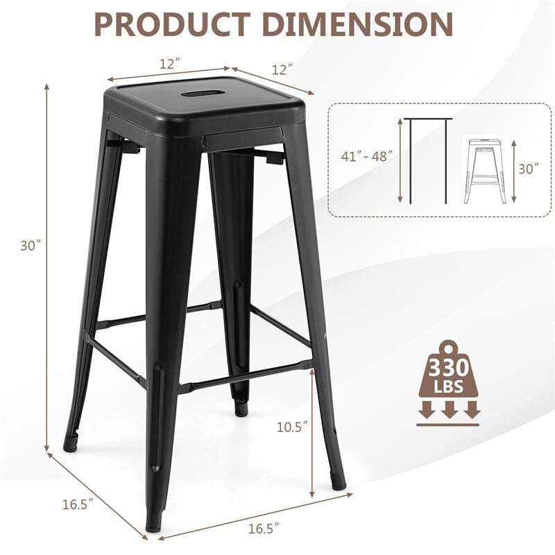 Stackable Backless Metal Bar Stools Set of 4 30” Bar Height Stools with Rubber Footpads & Handling Hole for Kitchen Dining Room