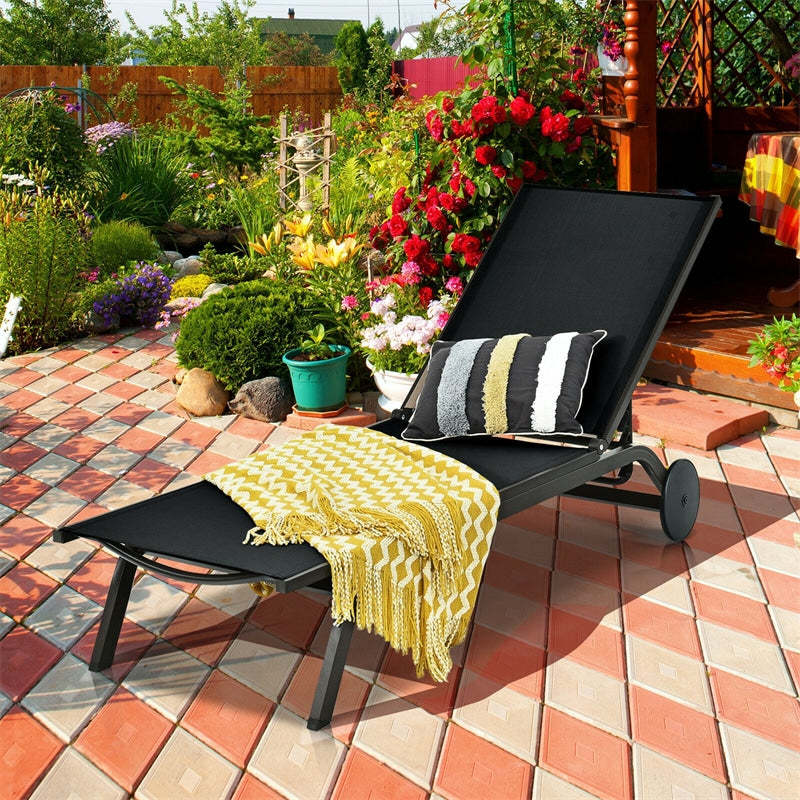 Outdoor Aluminum Chaise Lounge with 2 Large Wheels & 6-Position Adjustable Backrest, Patio Reclining Lounge Chair for Poolside, Backyard