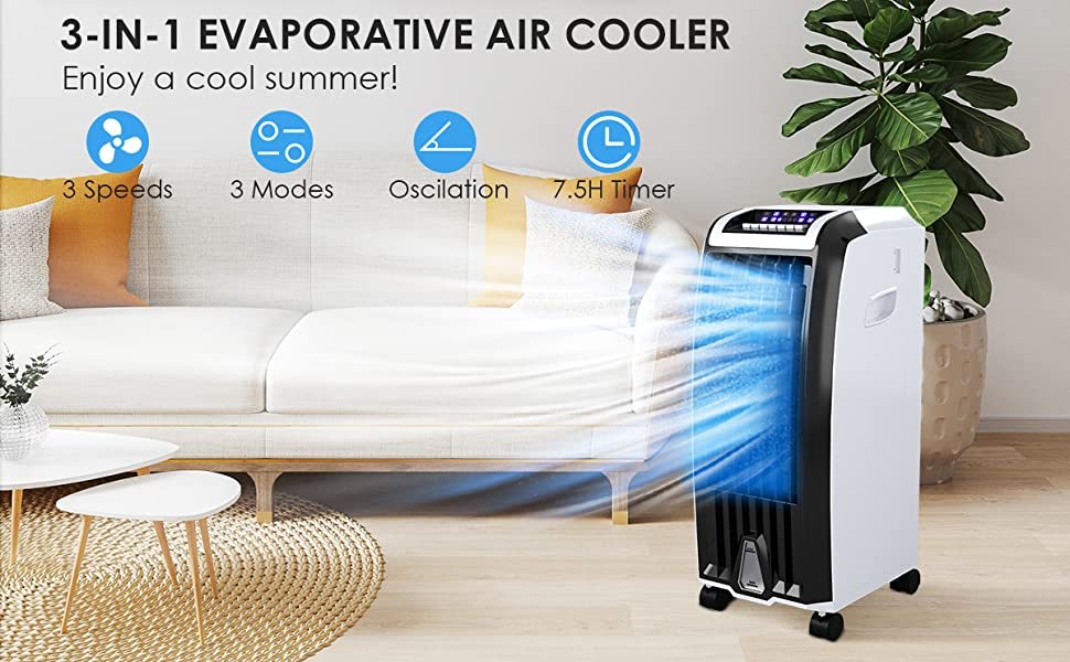 3 In 1 Portable Evaporative Air Cooler with 3 Fan Modes and Remote Control