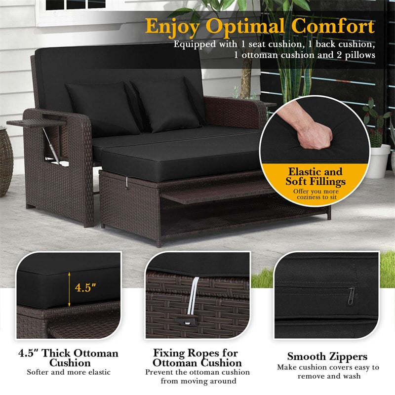 Patio Rattan Daybed Set, Outdoor Wicker Loveseat Sofa w/Multipurpose Ottoman, Retractable Side Tray, 4-Level Adjustable Backrest & Cushions