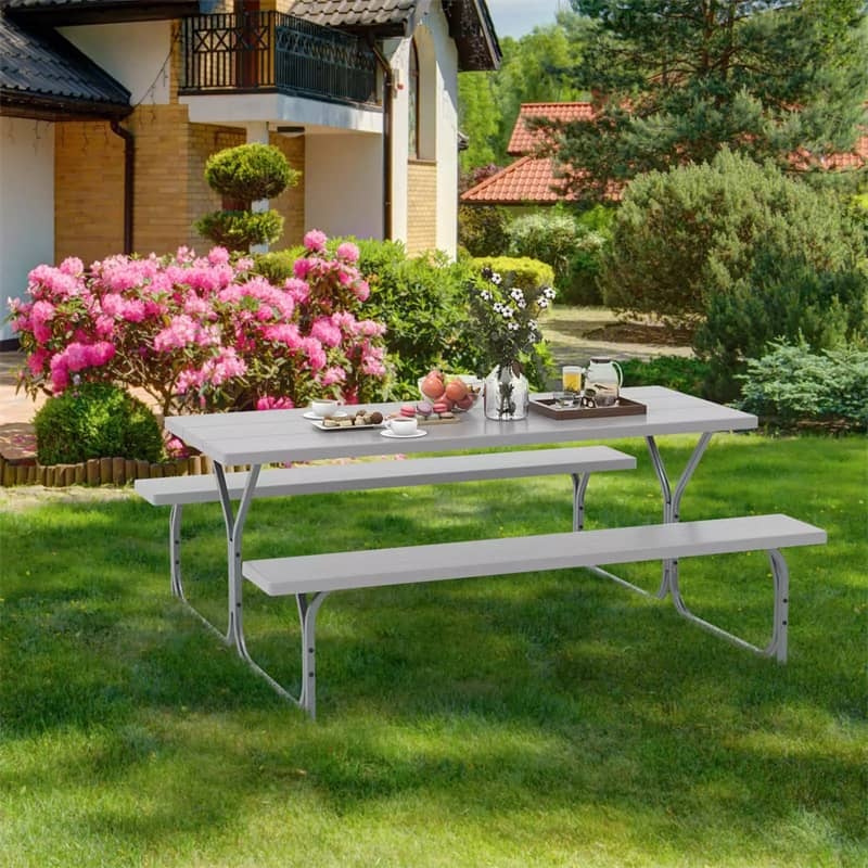 6FT Picnic Table & Bench Set for 8-Person, Heavy Duty Weather-Resistant Outdoor Dining Table with Umbrella Hole HDPE Tabletop & Built-in Benches