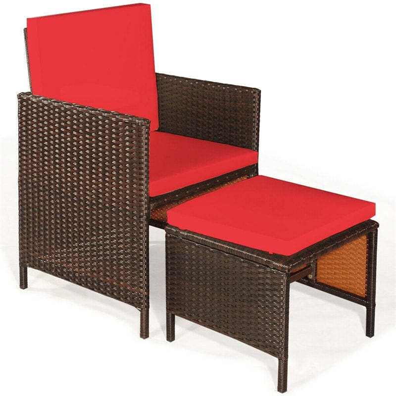 9-Piece Acacia Wood Rattan Patio Dining Set w/Cushioned Chairs, Ottomans & Umbrella Hole, Space Saving Outdoor Furniture for Backyard Garden