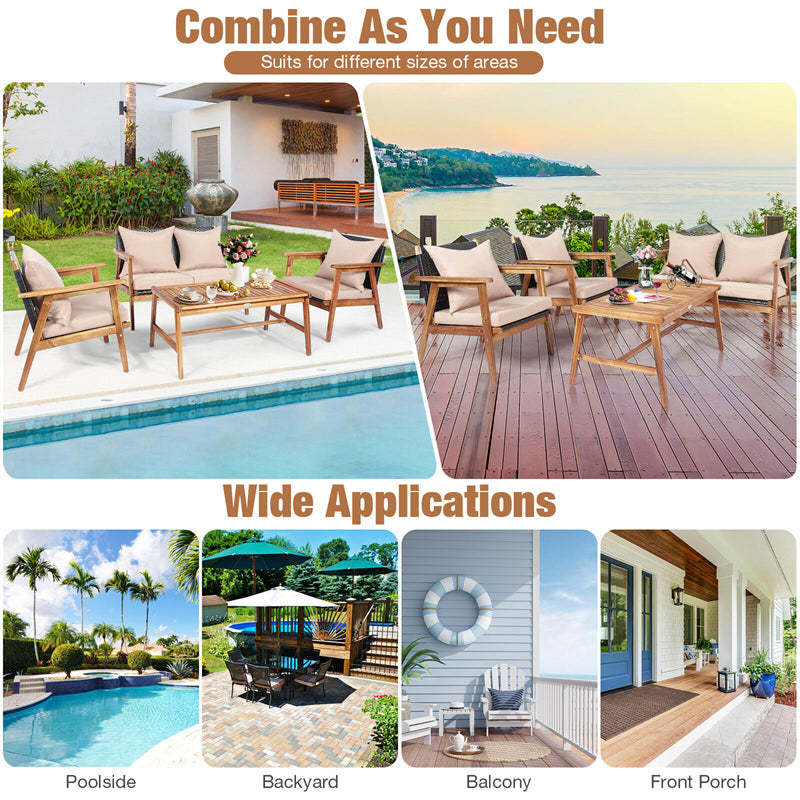 4 PCS Patio Rattan Chat Set Acacia Wood Frame Chair with Cushions & Wooden Coffee Table