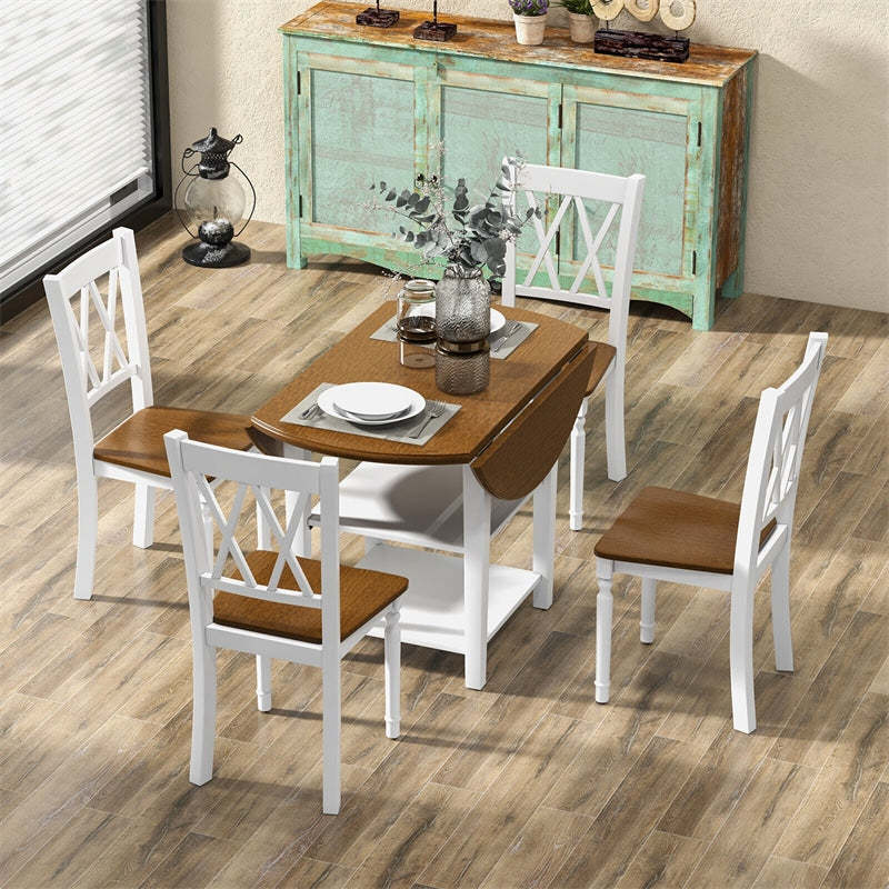 5PCS Solid Wood Dining Room Set Round Drop Leaf Kitchen Table with 4 Chairs & 2-Tier Bottom Open Shelf