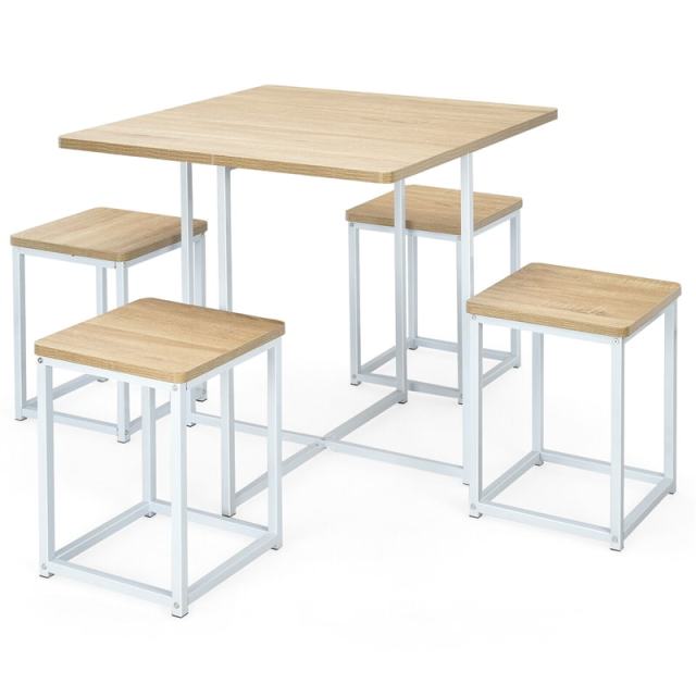 5pcs Compact Dining Table Set with 4 Square Stools & Metal Frame for Small Space Pub Apartment