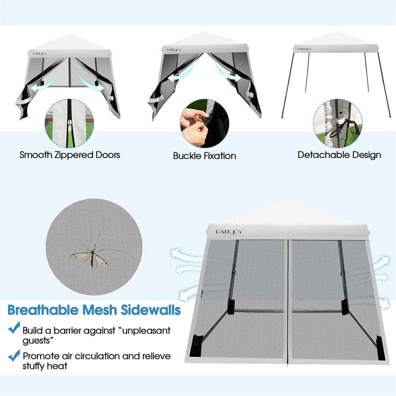 10x10FT Slant Leg Pop-Up Canopy with Mesh Sidewalls & Roller Bag, Foldable Outdoor Instant Setup Canopy Tent for Patio, Camping, Beach Events