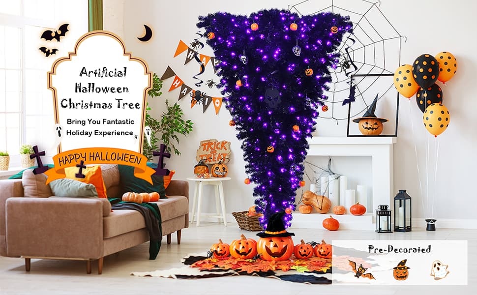 Upside Down Christmas Tree Pre-Lit Black Halloween Tree with 270 Purple LED lights, Artificial Hinged Inverted Xmas Tree for Holiday Carnival Party Decor