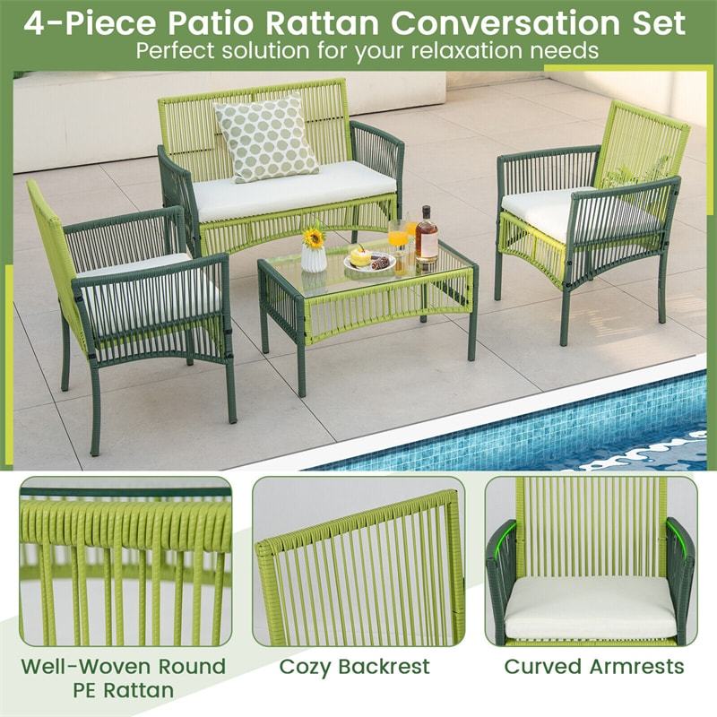 4 Piece Outdoor Rattan Chair Set Metal Frame Wicker Patio Conversation Set with Soft Cushions & Tempered Glass Side Table