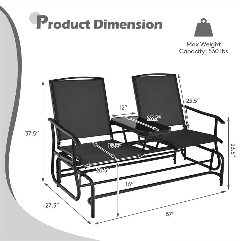2-Person Outdoor Glider Chair with Center Tempered Glass Table, Steel Frame & Breathable Mesh, Patio Rocking Bench for Porch Garden Poolside