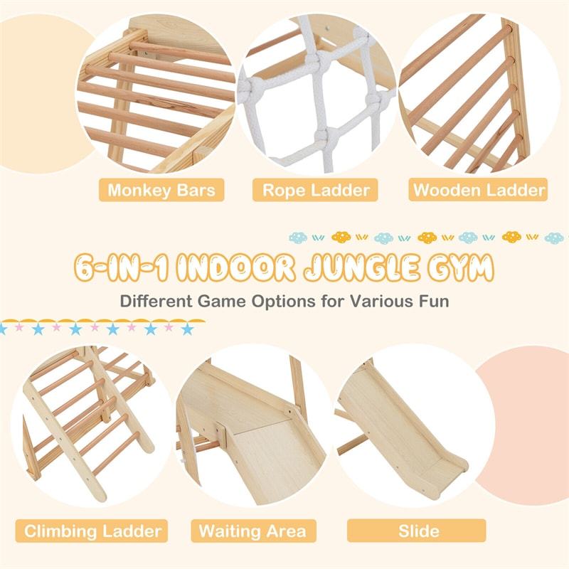 6-in-1 Indoor Jungle Gym Large Wooden Playground Climber Playset Montessori Climbing Toys with Slide, Ladders & Wating Area for Toddlers Kids