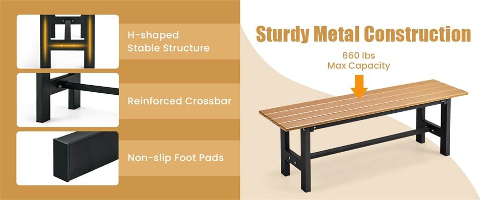 2-Pack Outdoor Garden Bench Backless Patio Park Bench All-weather 47" Dining Bench Chair with HDPE Slatted Seat, Metal Frame, 660 LBS Capacity