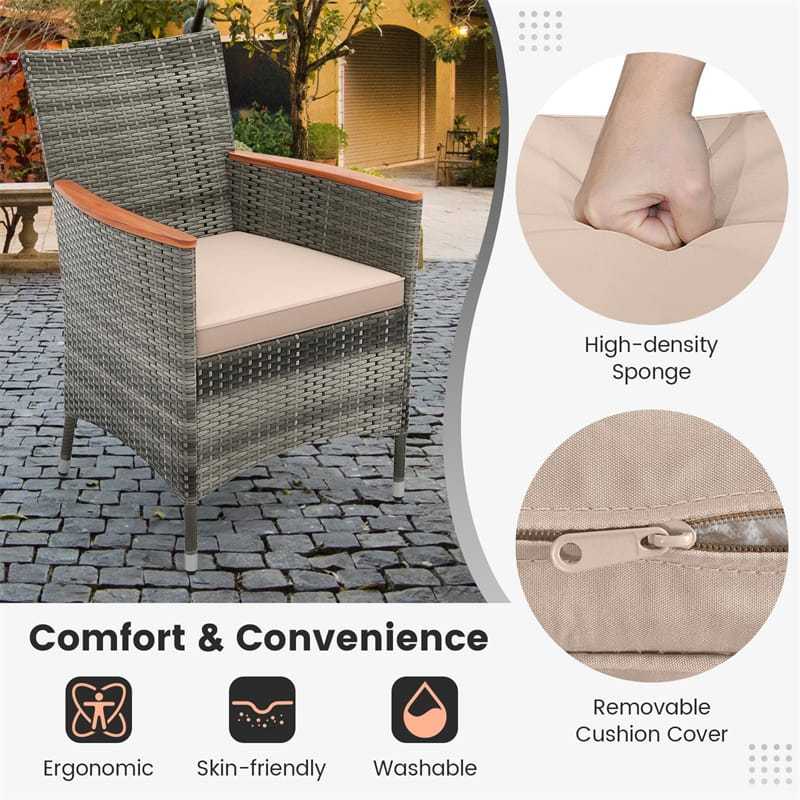 9 Piece Patio Rattan Dining Set Outdoor Wood Wicker Furniture Set with Acacia Wood Table, Umbrella Hole, Cushioned Chairs