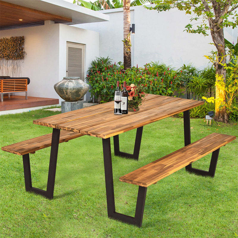 Patented 70" Acacia Wood Picnic Table Bench Set Outdoor Dining Table Set Picnic Table Bench Set With Umbrella Hole