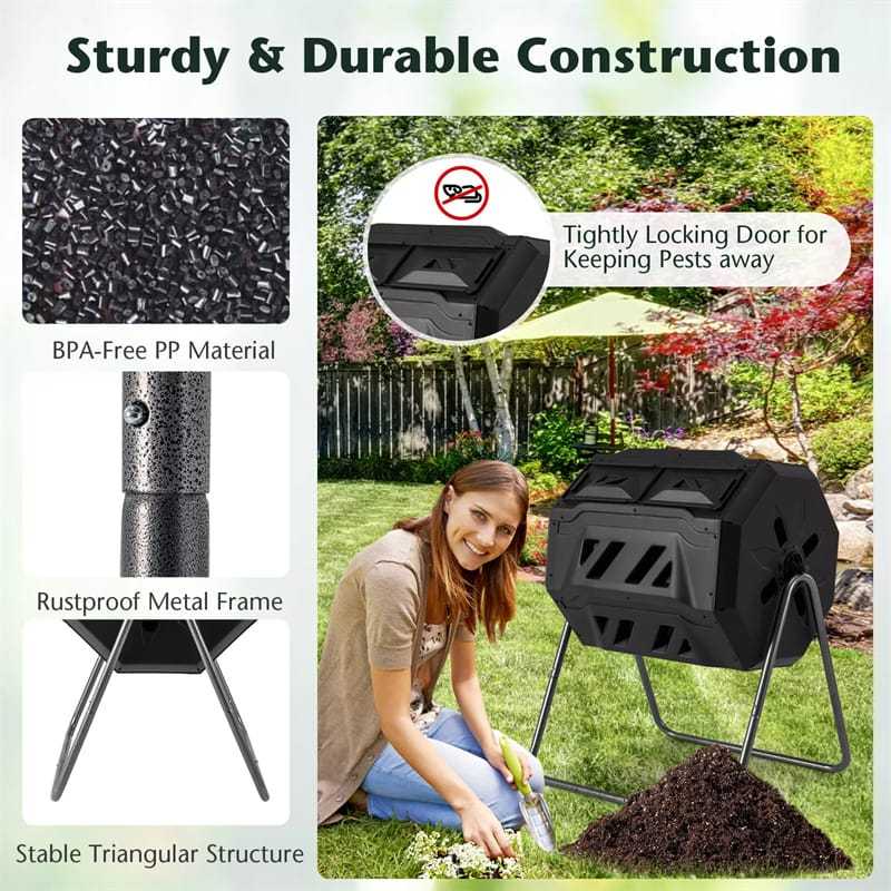 42-Gallon Dual Chamber Compost Tumbler, Rotating Outdoor Composter with Sliding Doors & Gloves, Metal Frame Compost Barrel for Garden Yard