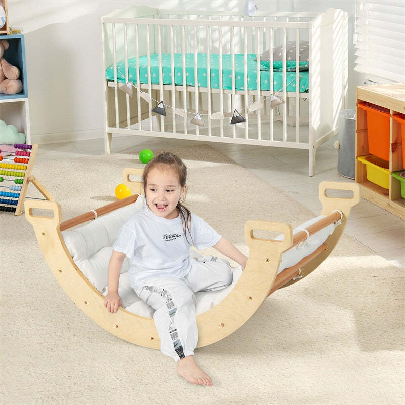 Wooden Arch Rocker with Soft Cushion, 3-in-1 Montessori Climbing Arch for Toddlers & Kids, Pikler Climber Ladder Toy for Indoor/Outdoor Play