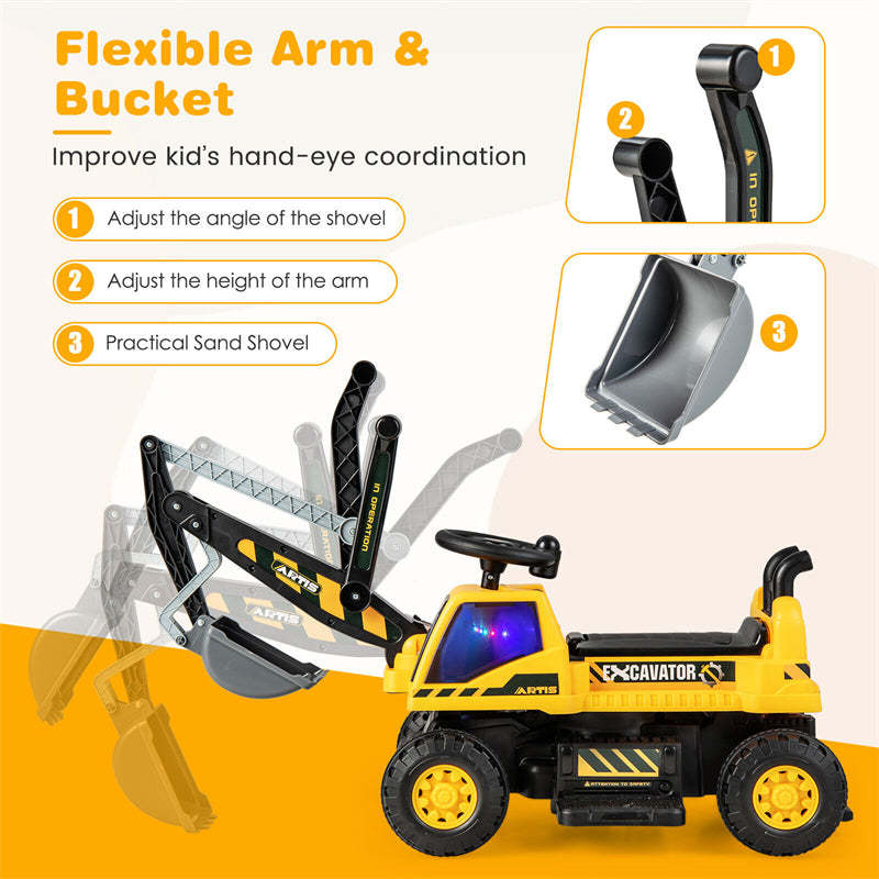 Kids Ride On Excavator 6V Battery Powered Ride On Bulldozer Loader Digger Toy Car Construction Vehicle with Under Seat Storage & Lights