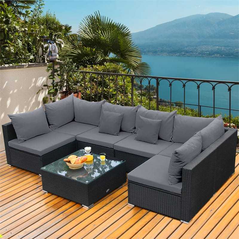7-Piece PE Rattan Outdoor Sectional Sofa with Tempered Glass Top Table & Cushions, Wicker Patio Furniture Set for Garden Poolside Balcony
