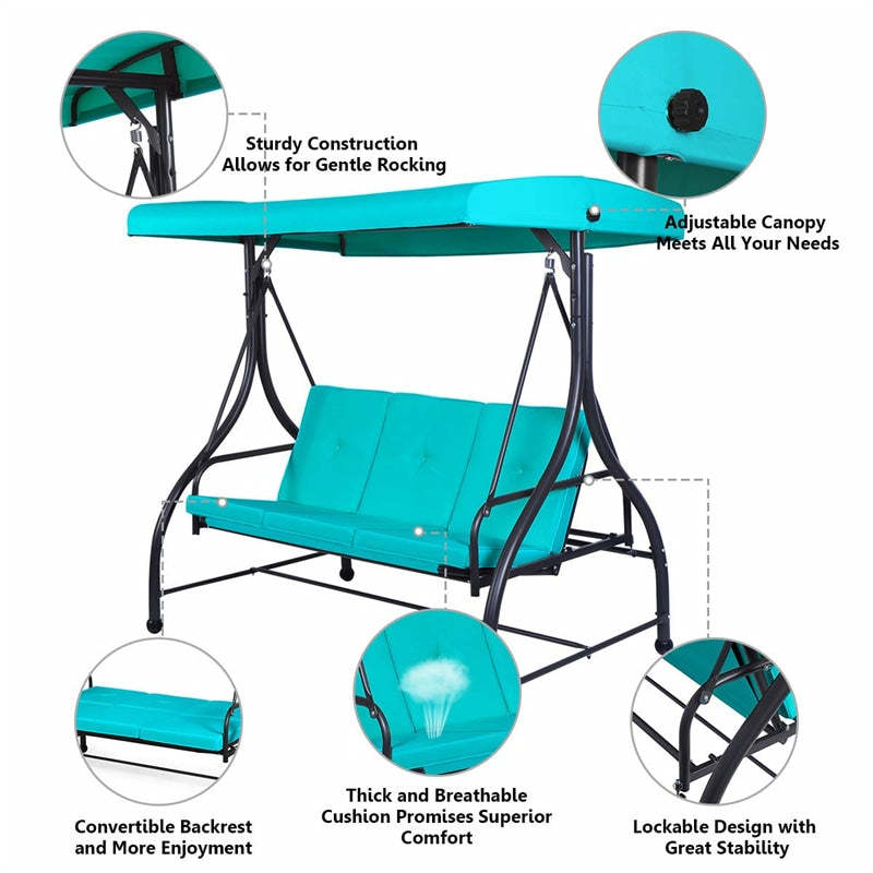 Outdoor Converting Swing Canopy Hammock 3-Seat Porch Swing Glider Chair with  & Adjustable Tilt Canopy, Seat & Back Cushions
