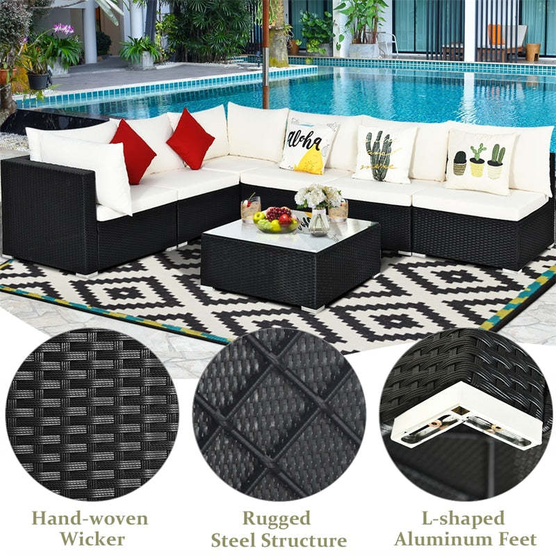 7-Piece PE Rattan Outdoor Sectional Sofa with Tempered Glass Top Table & Cushions, Wicker Patio Furniture Set for Garden Poolside Balcony