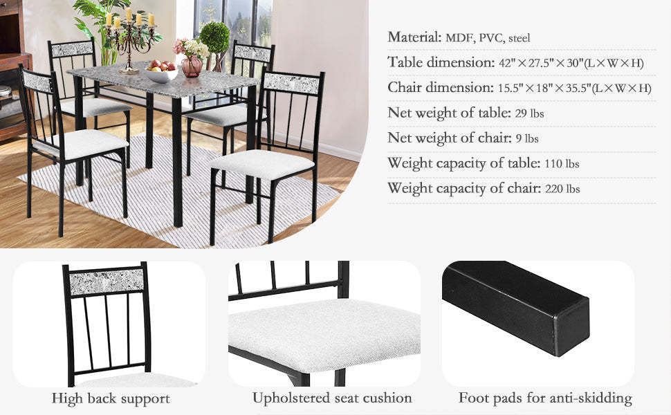 5 Piece Faux Marble Kitchen Dining Table Set with 4 Padded Chairs