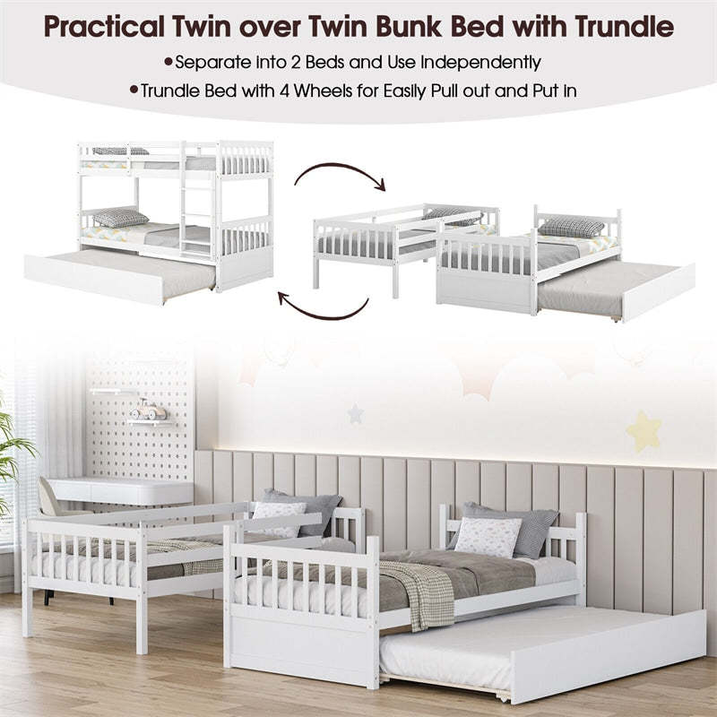 Twin Over Twin Bunk Bed with Twin Trundle, Solid Wood Platform Bed Frame Space-Saving Convertible Bunk Bed with Ladder for Teens & Adults