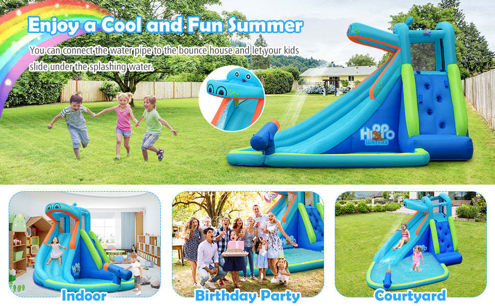 5 in 1 Inflatable Water Slide Hippo Water Park Bounce House with 740W Air Blower