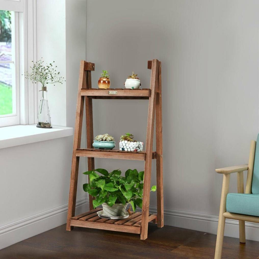 3-Tier Folding Wood Flower Stand Plant Rack Storage Display Shelf