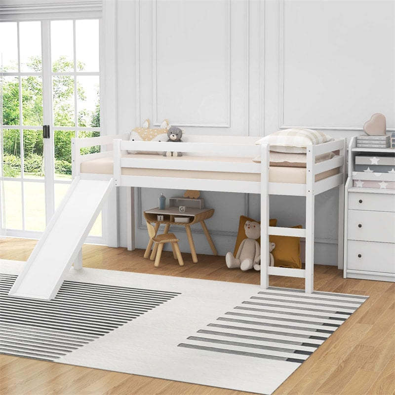 Twin Loft Bed with Slide, Solid Wood Low Loft Bed Twin Loft Bed Frame with Climbing Ladder & Guardrail, Twin Kids Bed for Girls Boys