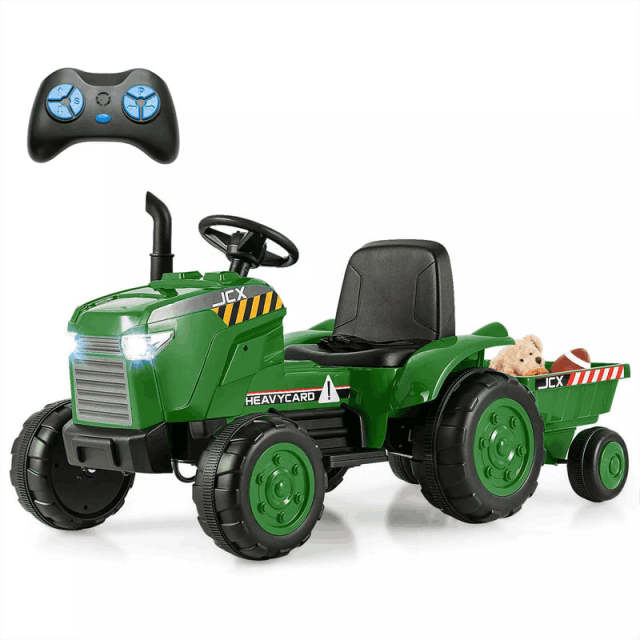 2-in-1 Kids Ride On Tractor with Detachable Trailer, 12V Electric Toy Car with Remote Control & LED Lights, Toddler Tractor for 3-8 Years