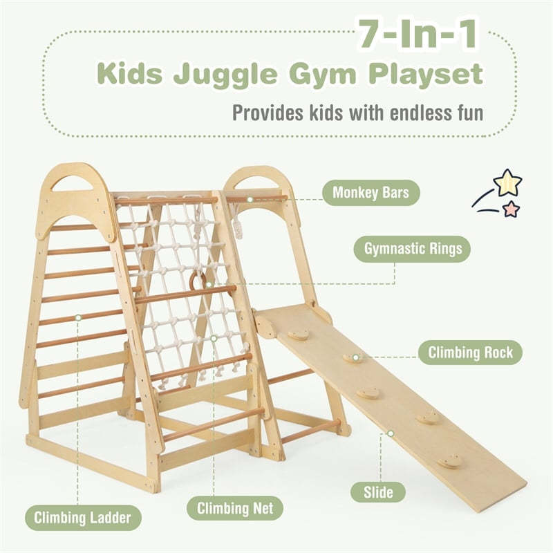 Wooden Indoor Playground 7-in-1 Kids Indoor Jungle Gym with Reversible Slide, Climbing Net, Removable Play Tent, Montessori Climbing Toys for Toddlers