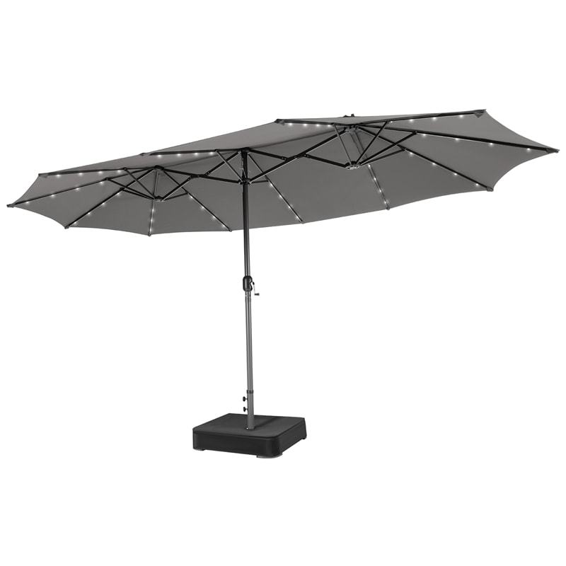 15FT Double-Sided Patio Umbrella with Base, 48 Solar LED Lights & Crank Handle, Extra Large Double Outdoor Umbrella for Poolside, Backyard