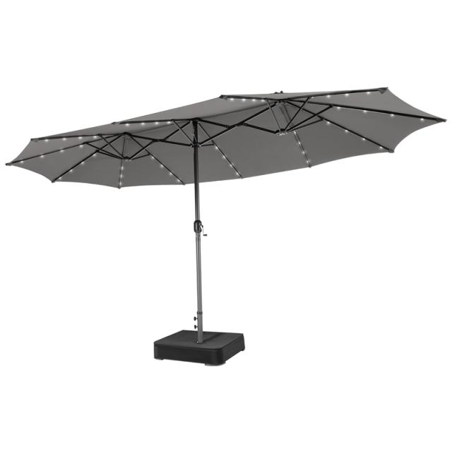 15FT Double-Sided Patio Umbrella with Base, 48 Solar LED Lights & Crank Handle, Extra Large Double Outdoor Umbrella for Poolside, Backyard